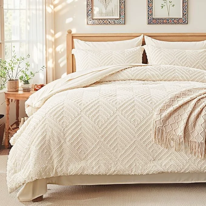 Artisan Zzlpp Queen Comforter Set 7 Pieces Cream Tufted Bed in a Bag with Comforter and Sheets All Season Boho Bedding Sets with 1 Comforter 2 Pillow Shams 2 Pillowcases 1 Flat Sheet 1 Fitted Sheet Classic