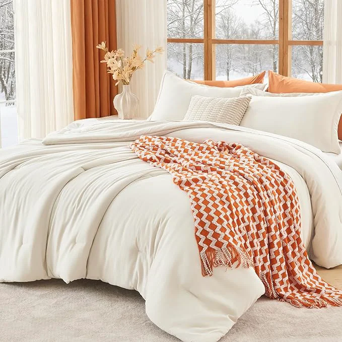 Reusable MUXHOMO California King Comforter Set All Season Ultra Soft Down Bedding – 3 Piece Lightweight Bed Set Includes 1 Comforter 104 quot x96 quot and 2 Pillow Shams 20 quot x36 quot Ivory Environmentally Friendly