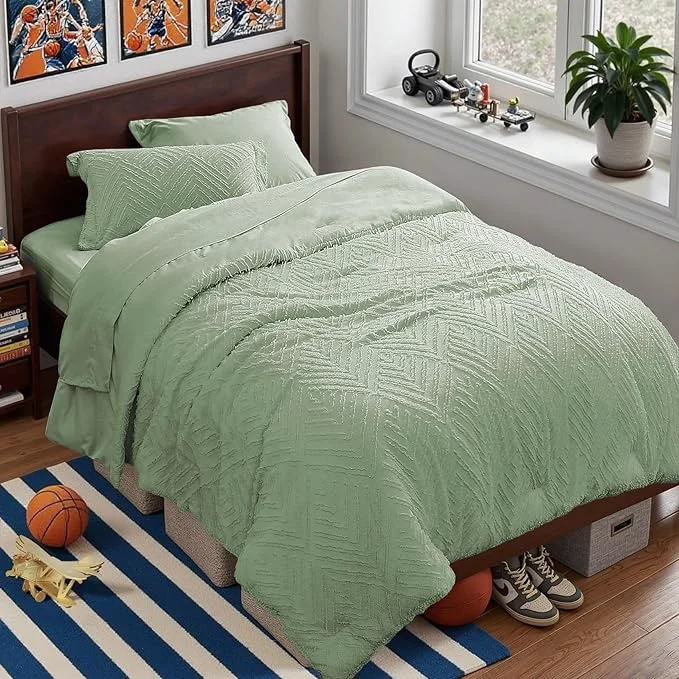 Clean Zzlpp Twin Comforter Set 5 Pieces Sage Green Tufted Bed in a Bag with Comforter and Sheets All Season Boho Bedding Sets with 1 Comforter 1 Pillow Sham 1 Pillowcase 1 Flat Sheet 1 Fitted Sheet Dependable