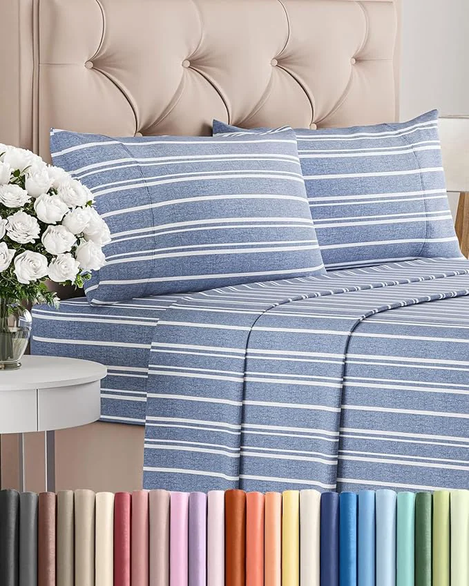 Cal King Size 4 Piece Sheet Set – Comfy Breathable amp Cooling Bed Sheets Set – Hotel Luxury Bedding for Women Men Kids Teens Boys amp Girls – Deep Pockets amp Wrinkle – Oeko-Tex – Blue Stripes 3 Fine