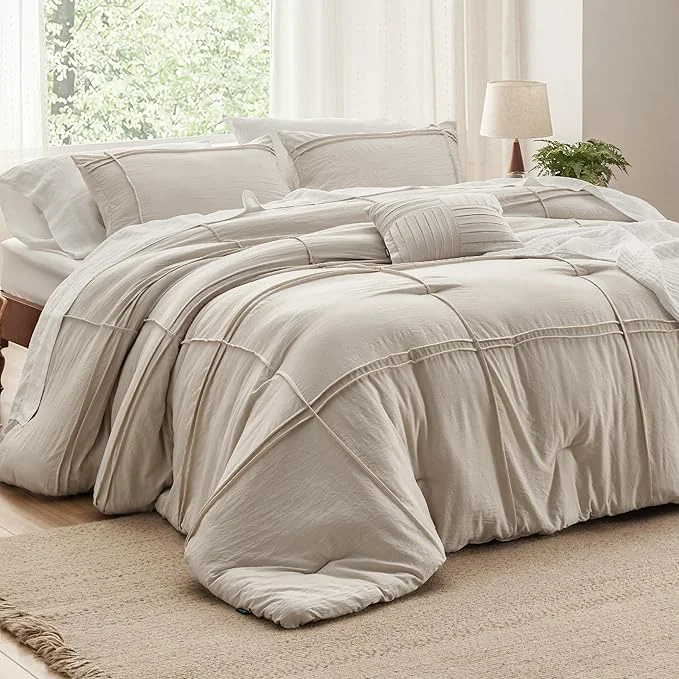 Safe Bedsure King Comforter Set – 4 Pieces Grid Pleat Bed Set Beige Boho Bedding for All Season 1 Soft Comforter 2 Pillowcases 1 Decorative Pillow Artisan