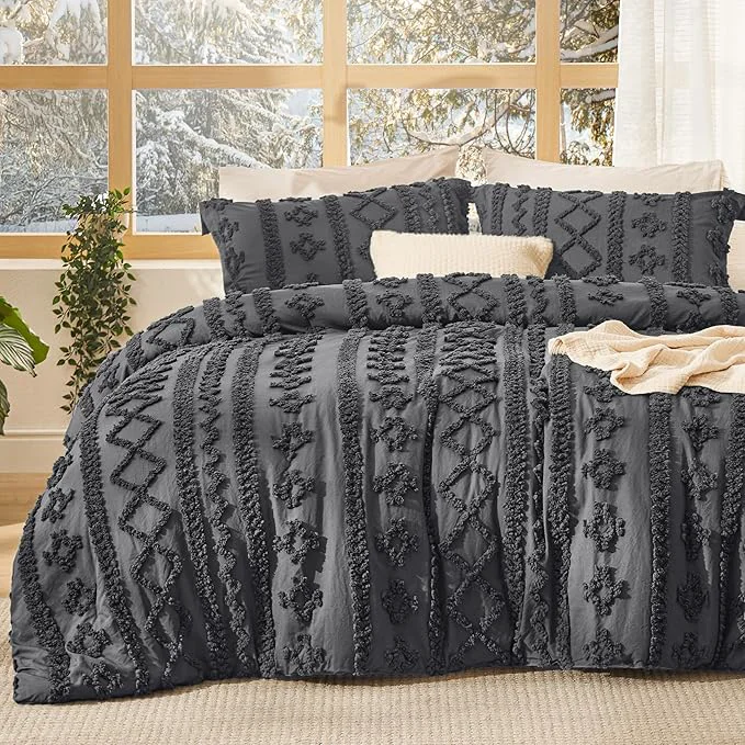 Authentic Bedsure Tufted Boho Comforter Set Full Size – Dark Grey Boho Bed Set GentleSoft™ 3 Pieces Farmhouse Shabby Chic Embroidery Bedding Gifts for Woman Soft Jacquard Full Comforter for All Seasons Professional