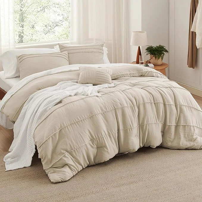 High-Performance Bedsure Queen Comforter Set – 4 Pieces Pinch Pleat Bed Set Linen Boho Bedding for All Season 1 Soft Comforter 2 Pillowcases 1 Decorative Pillow Secure