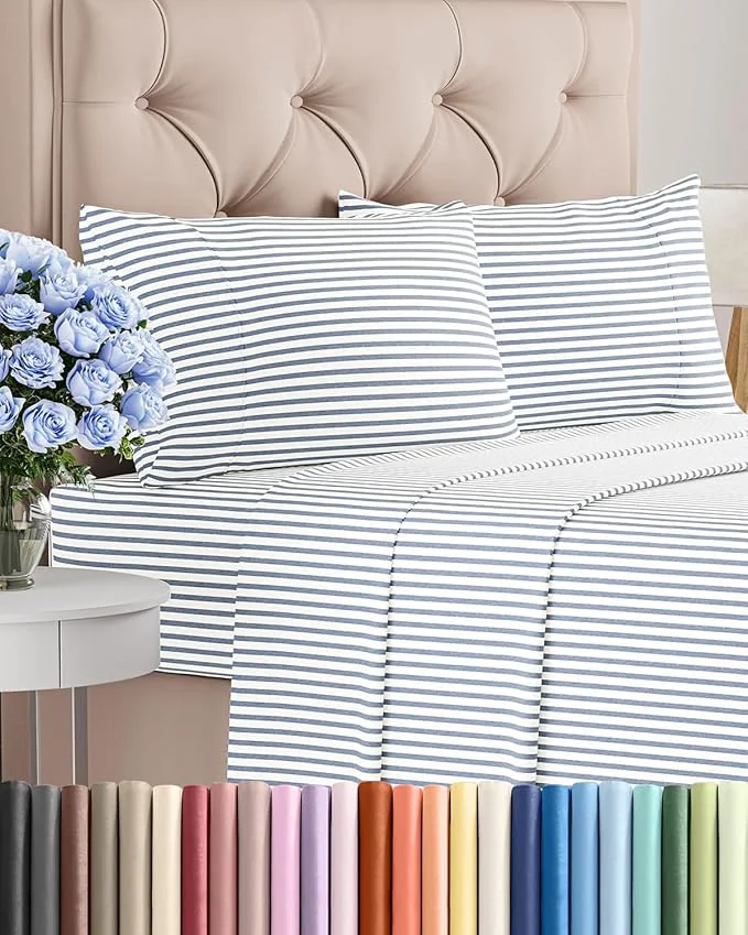 User-Friendly Queen Size 4 Piece Sheet Set – Comfy Breathable amp Cooling Bed Sheets Set – Hotel Luxury Bedding for Women Men Kids Teens Boys amp Girls – Deep Pockets Soft Wrinkle – Oeko-Tex – Blue Stripes 2 First-Class