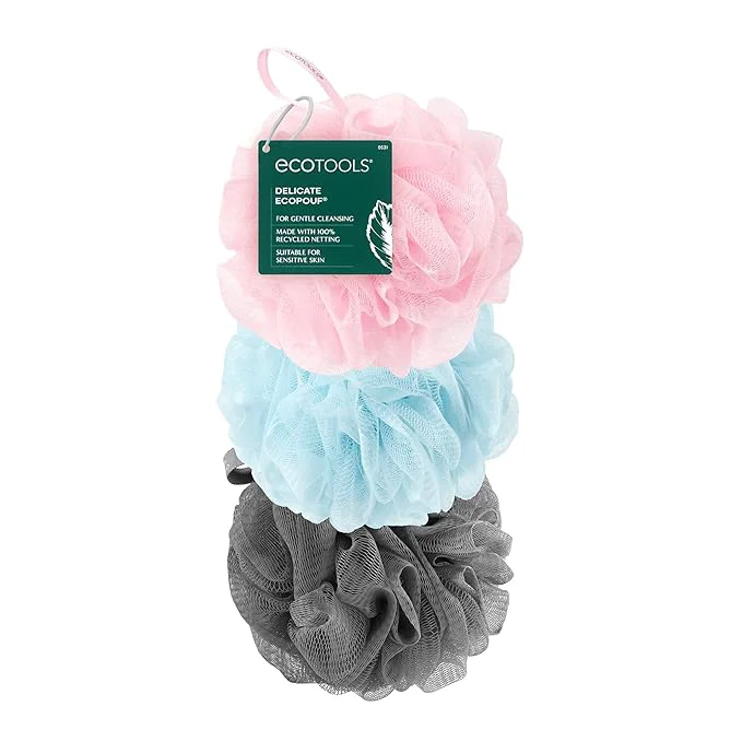 Next-Generation EcoTools EcoPouf 3 Pack Bath Sponge Set Soft Recycled Netting Shower Poufs Enhanced