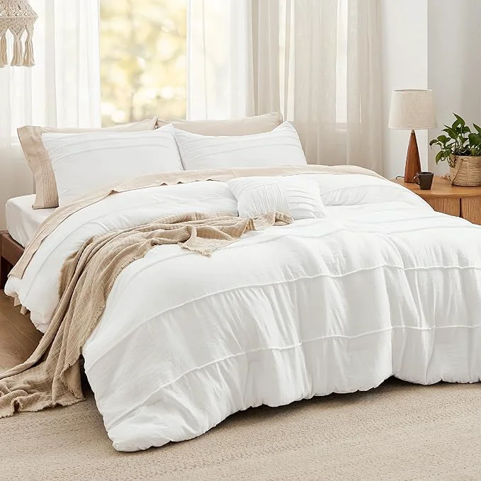 Genuine Bedsure White Twin Comforter Set – 3 Pieces Pinch Pleat Bed Set Down Bedding Sets for All Season 1 Comforter 1 Pillowcase 1 Decorative Pillow First-Class