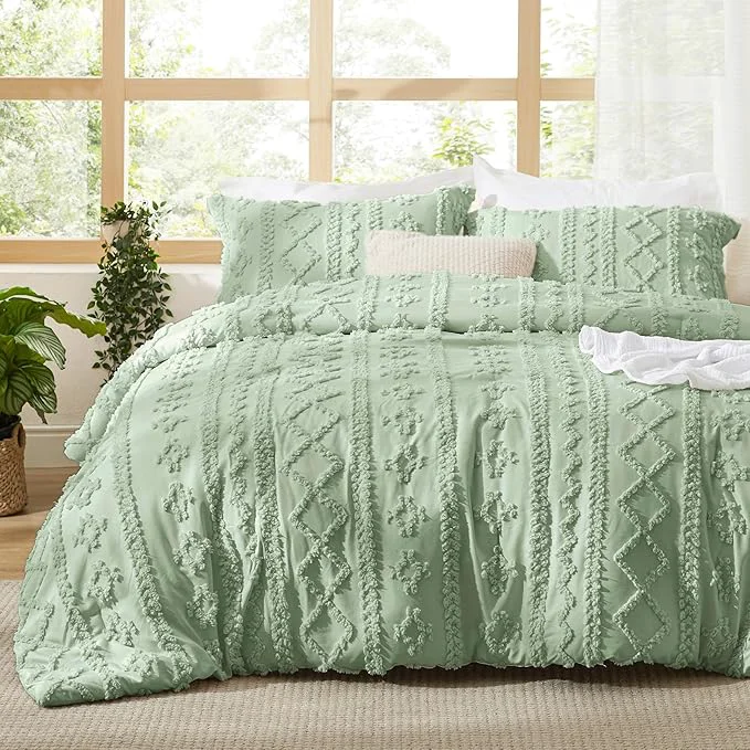 Original Bedsure Tufted Boho Comforter Set Twin Size – Sage Green Boho Bed Set GentleSoft™ 2 Pieces Farmhouse Shabby Chic Embroidery Bedding Gifts for Woman Soft Jacquard Twin Comforter for All Seasons Detailed