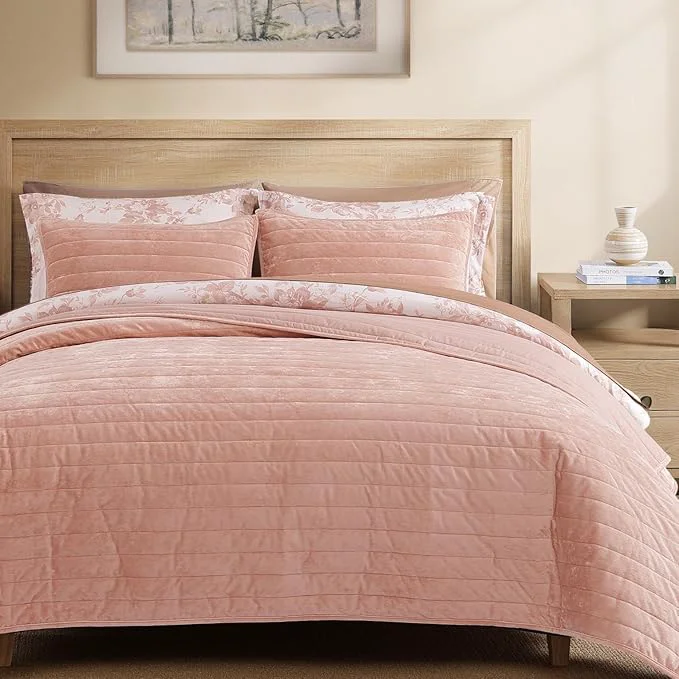 Genuine WRENSONGE Velvet Queen Quilt Set-3 Pieces Clay Pink Luxurious Velvet Striped Channel Comforter with 2 Shams Soft Bedspread Coverlet Quilted Bedding Set for All Season Stylish