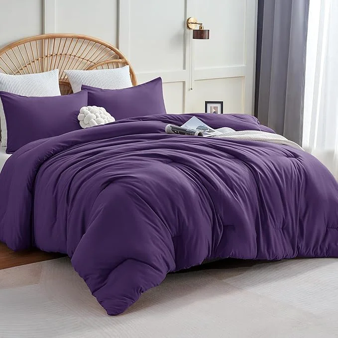 Secure CozyLux Full Size Comforter Set Purple 3 Pieces Solid Breathable Quilted Bedding Sets Luxury Lightweight Soft Bed Set with Down Comforter and 2 Pillowcases for All Seasons Functional