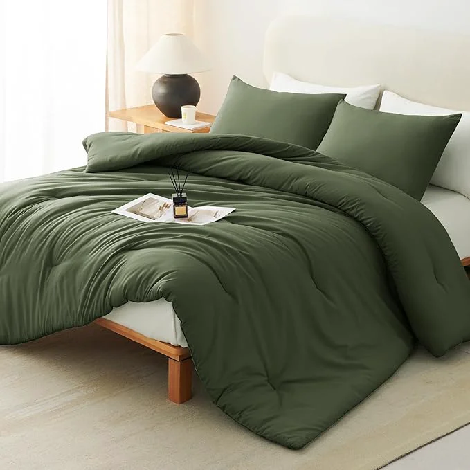 Trusted CozyLux Full Size Comforter Set Olive Green 3 Pieces Solid Breathable Quilted Bedding Sets Luxury Lightweight Soft Bed Set with Down Comforter and 2 Pillowcases for All Seasons Carefully Designed