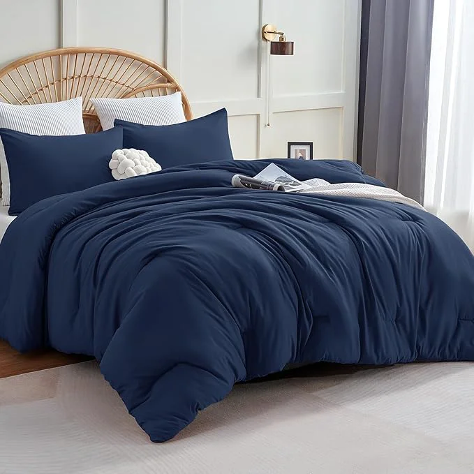 Next-Generation CozyLux Oversized King Comforter Set Navy Blue 3 Pieces 120×98 Solid Breathable Quilted Bedding Sets for All Seasons Luxury Soft Lightweight Bed Set with Down Comforter and 2 Pillowcases Elegant