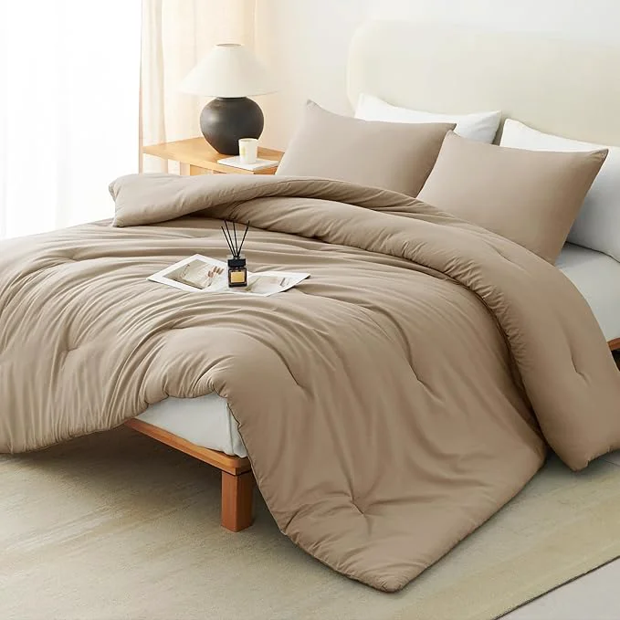 Exceptional CozyLux King Size Comforter Set Taupe 3 Pieces Solid Comforters King Size Breathable Quilted Bedding Sets Luxury Soft Lightweight Bed Set with Down Comforter and 2 Pillowcases All Season Excellent