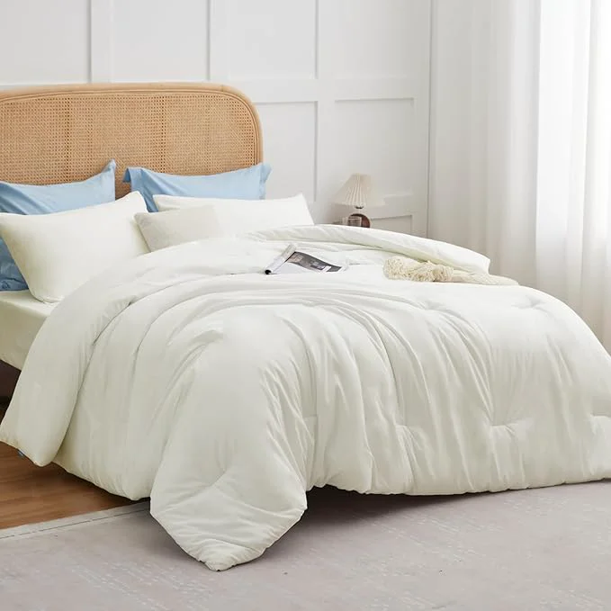 Minimalist CozyLux King Size Comforter Set Ivory 3 Pieces Solid Comforters King Size Breathable Quilted Bedding Sets Luxury Soft Lightweight Bed Set with Down Comforter and 2 Pillowcases All Season First-Class