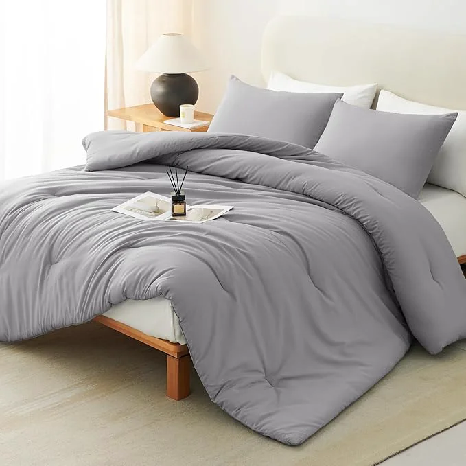 Unique CozyLux King Size Comforter Set Grey 3 Pieces Solid Comforters King Size Breathable Quilted Bedding Sets Gray Luxury Soft Lightweight Bed Set with Down Comforter and 2 Pillowcases Recyclable