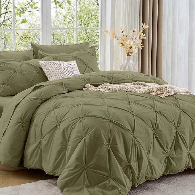 Eco-Friendly Sasttie Full Size Comforter Set 7-Piece Bed in a Bag Pintuck Bedding Sets for All Season Includes Comforter Flat Sheet Fitted Sheet Pillowcases and Pillowshams Olive Green Healthy