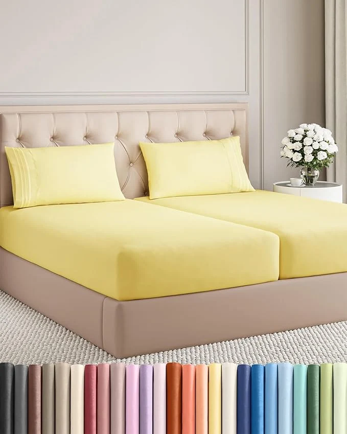 Fast Split King Size 5 Piece Sheet Set – Comfy Breathable amp Cooling Bed Sheets Set – Hotel Luxury Bedding for Women Men Kids Teens Boys amp Girls – Deep Pockets Soft Wrinkle – Oeko-Tex – Yellow Enhanced