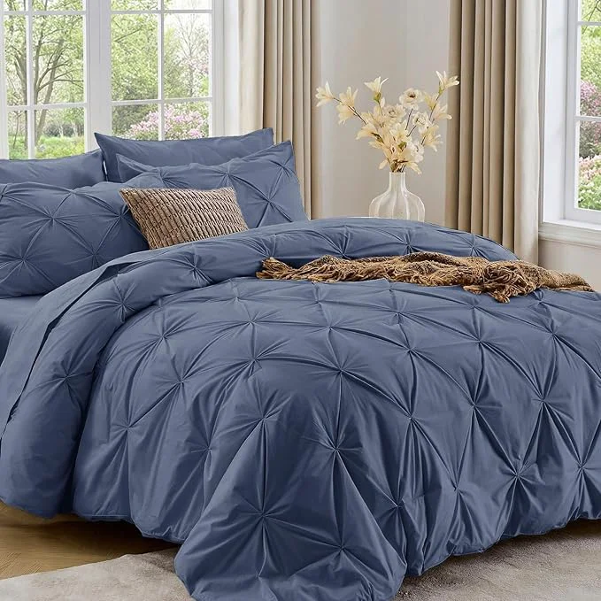 Crafted Sasttie Twin Comforter Set 5-Piece Bed in a Bag Pintuck Bedding Sets for All Season Includes Comforter Flat Sheet Fitted Sheet Pillowcase and Pillowsham Indigo Blue Recyclable