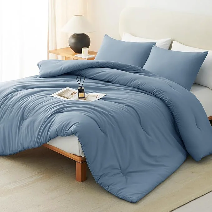 High-End CozyLux California King Comforter Set Grayish Blue 3 Pieces Cal King Solid Breathable Quilted Bedding Set Dusty Blue Luxury Soft Lightweight Bed Set with Down Comforter and 2 Pillowcases Crafted