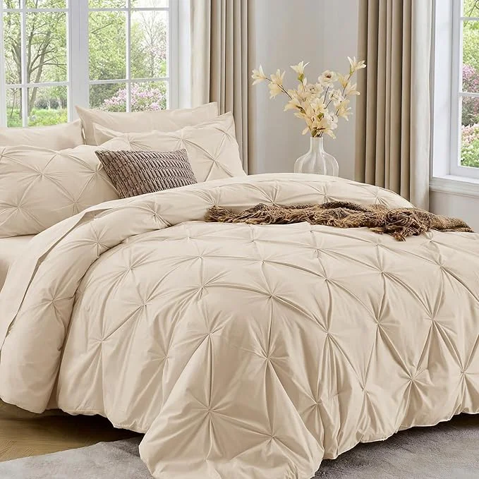 Relaxed Sasttie Queen Comforter Set 7-Piece Bed in a Bag Pintuck Bedding Sets for All Season Includes Comforter Flat Sheet Fitted Sheet Pillowcases and Pillowshams Warm Beige Dependable