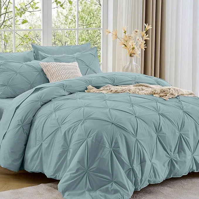 Next-Generation Sasttie Full Size Comforter Set 7-Piece Bed in a Bag Pintuck Bedding Sets for All Season Includes Comforter Flat Sheet Fitted Sheet Pillowcases and Pillowshams Greylish Blue Lightweight