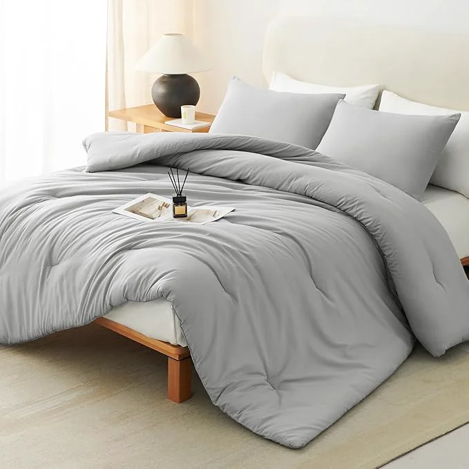 Dependable CozyLux King Size Comforter Set Light Grey 3 Pieces Solid Comforters King Size Breathable Bedding Sets Light Gray Luxury Soft Lightweight Bed Set with Down Comforter and 2 Pillowcases Responsible