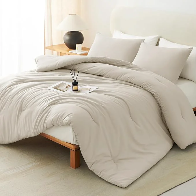 Secure CozyLux Full Size Comforter Set Oatmeal 3 Pieces Solid Breathable Quilted Bedding Sets Luxury Lightweight Soft Bed Set with Down Comforter and 2 Pillowcases for All Seasons Selected