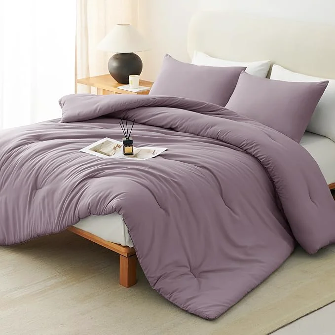 Carefully Designed CozyLux California King Comforter Set Dusty Purple 3 Pieces Cal King Solid Breathable Bedding Sets Grayish Purple Luxury Soft Lightweight Bed Set with Down Comforter and 2 Pillowcases High-End