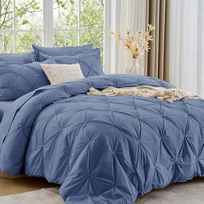 High-Quality Sasttie King Size Comforter Set 7-Piece Bed in a Bag Pintuck Bedding Set for All Season Includes Comforter Flat Sheet Fitted Sheet Pillowcases and Pillowshams Slate Blue Convenient