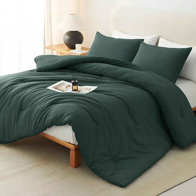 Selected CozyLux Queen Comforter Set Forest Green 3 Pieces Solid Comforters Queen Size Breathable Bedding Sets Luxury Soft Lightweight Bed Set with Down Comforter and 2 Pillowcases All Seasons Powerful