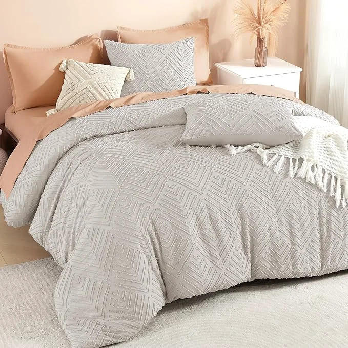 Original Litanika Linen Grey King Size Comforter Set 3 Pieces Tufted Boho Farmhouse Bedding Comforter Sets Lightweight Fluffy Comforter Bed Set for All Season 104x90In Comforter and 2 Pillowcases Long-Lasting