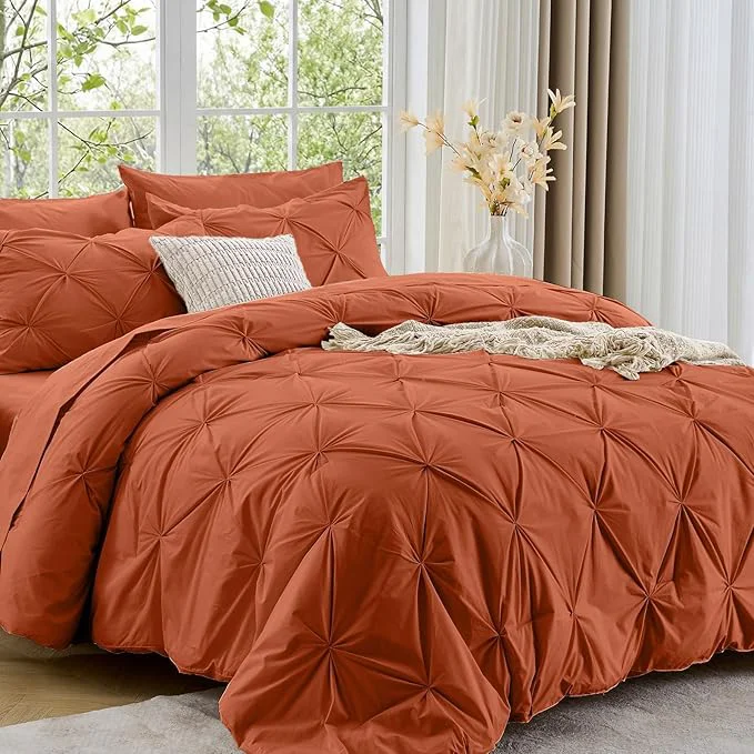 Smooth Sasttie California King Comforter Set 7-Piece Bed in a Bag Pintuck Bedding Sets for All Season Includes Comforter Flat Sheet Fitted Sheet Pillowcases and Pillowshams Burnt Orange Soft