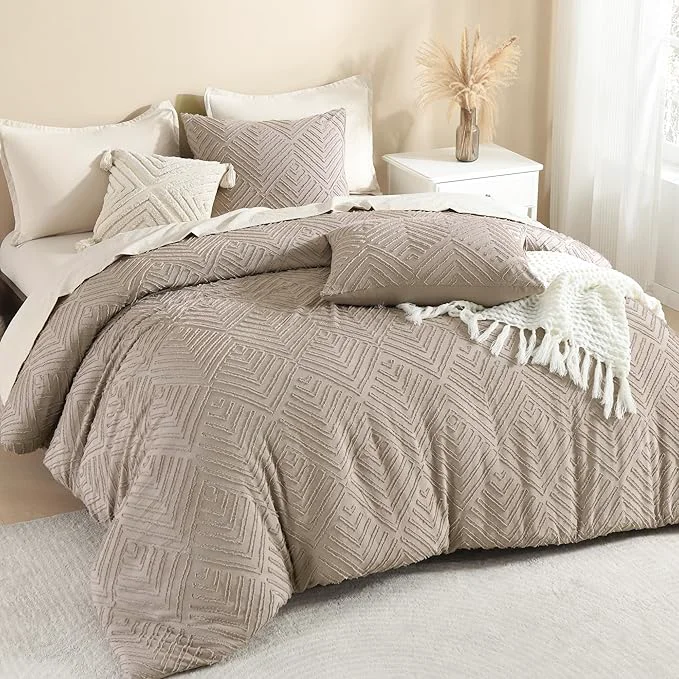Certified Litanika Light Coffee Queen Comforter Set 3 Pieces Tufted Boho Farmhouse Bedding Comforter Sets Lightweight Fluffy Comforter Bed Set for All Season 90x90In Comforter and 2 Pillowcases Powerful
