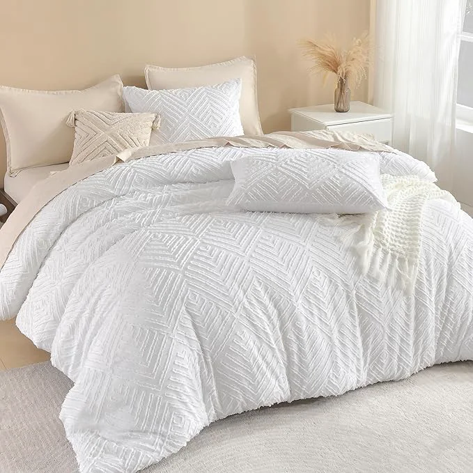 Convenient Litanika California King Comforter Set White 3 Pieces Tufted Boho Farmhouse Bedding Comforter Sets Lightweight Fluffy Comforter Bed Set All Season 104x96In Comforter amp 2 Pillowcases Original Design