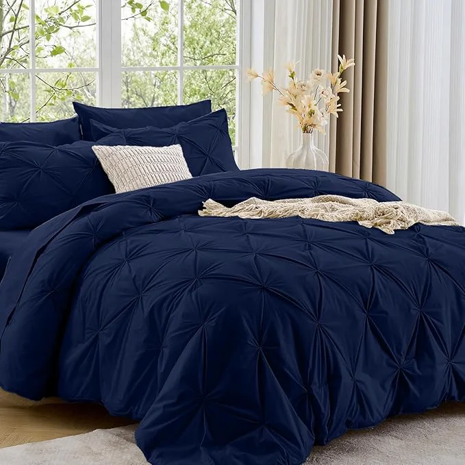 Efficient Sasttie Twin Comforter Set 5-Piece Bed in a Bag Pintuck Bedding Sets for All Season Includes Comforter Flat Sheet Fitted Sheet Pillowcase and Pillowsham Navy High-Quality