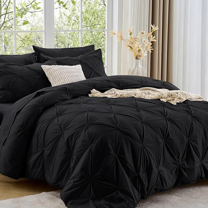 Smart Sasttie Queen Comforter Set 7-Piece Bed in a Bag Pintuck Bedding Sets for All Season Includes Comforter Flat Sheet Fitted Sheet Pillowcases and Pillowshams Black Original
