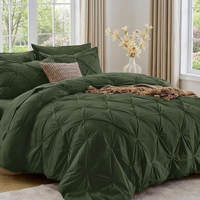 Sasttie King Size Comforter Set 7-Piece Bed in a Bag Pintuck Bedding Sets for All Season Includes Comforter Flat Sheet Fitted Sheet Pillowcases and Pillowshams Dark Green Reliable