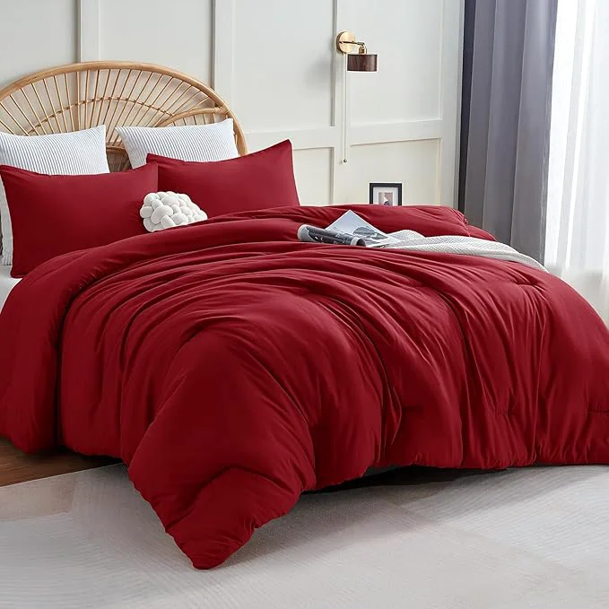 Stylish CozyLux King Size Comforter Set Dark Red 3 Pieces Solid Comforters King Size Breathable Quilted Bedding Sets Luxury Soft Lightweight Bed Set with Down Comforter and 2 Pillowcases User-Friendly