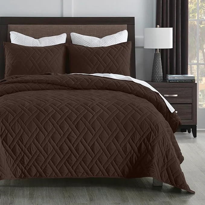 Original Design HORIMOTE HOME Quilt Set King Size Chocolate Classic Geometric Diamond Stitched Pattern Ultra Soft Microfiber Lightweight Bedding Bedspread Coverlet for All Season with 1 Quilt 2 Pillow Shams Minimalist