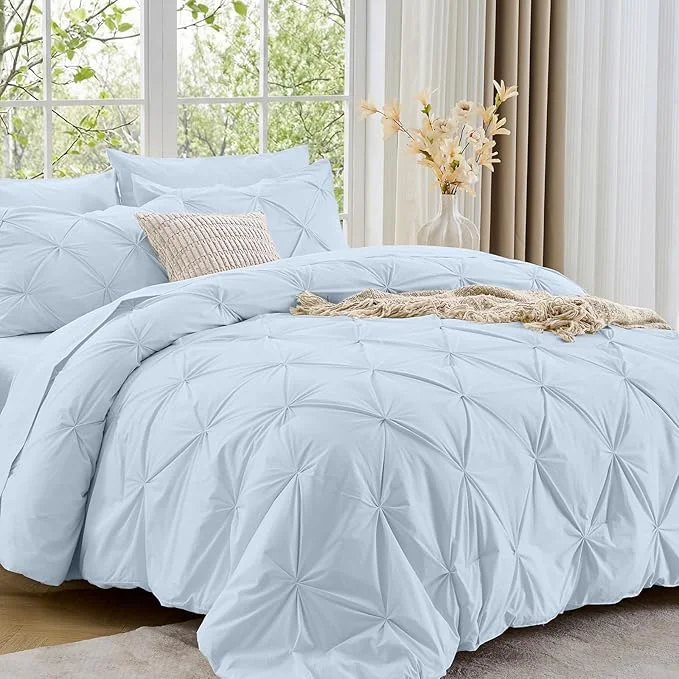 Practical Sasttie Queen Comforter Set 7-Piece Bed in a Bag Pintuck Bedding Sets for All Season Includes Comforter Flat Sheet Fitted Sheet Pillowcases and Pillowshams Light Blue Reliable