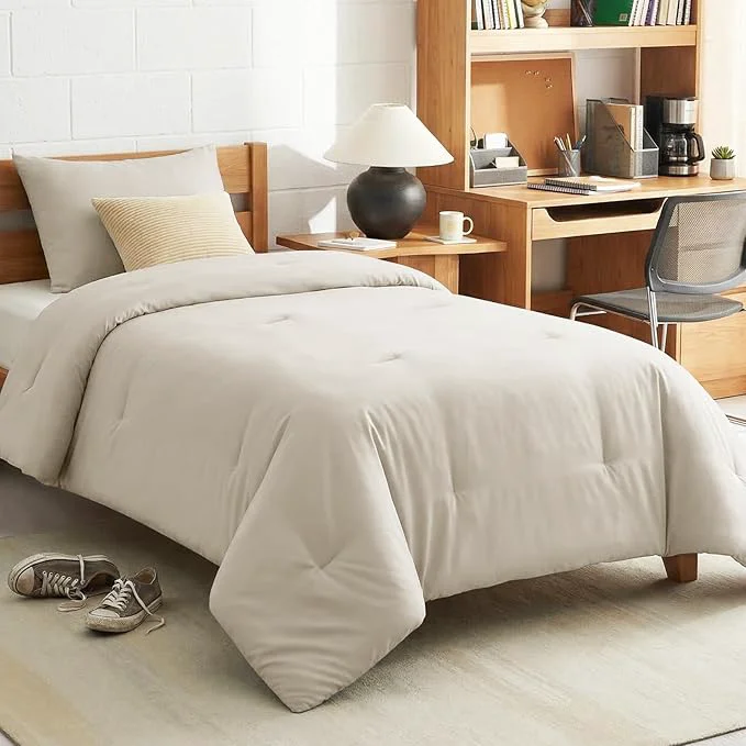 Smooth CozyLux Twin Twin XL Comforter Set Beige 2 Pieces Twin Extra Long Solid Breathable Bedding Sets for College Dorm Luxury Soft Bed Set with Down Comforter and 1 Pillowcase All Seasons Effective