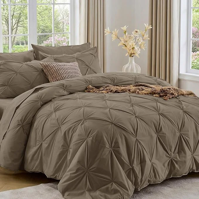 Crafted Sasttie Queen Comforter Set 7-Piece Bed in a Bag Pintuck Bedding Sets for All Season Includes Comforter Flat Sheet Fitted Sheet Pillowcases and Pillowshams Brown Next-Generation