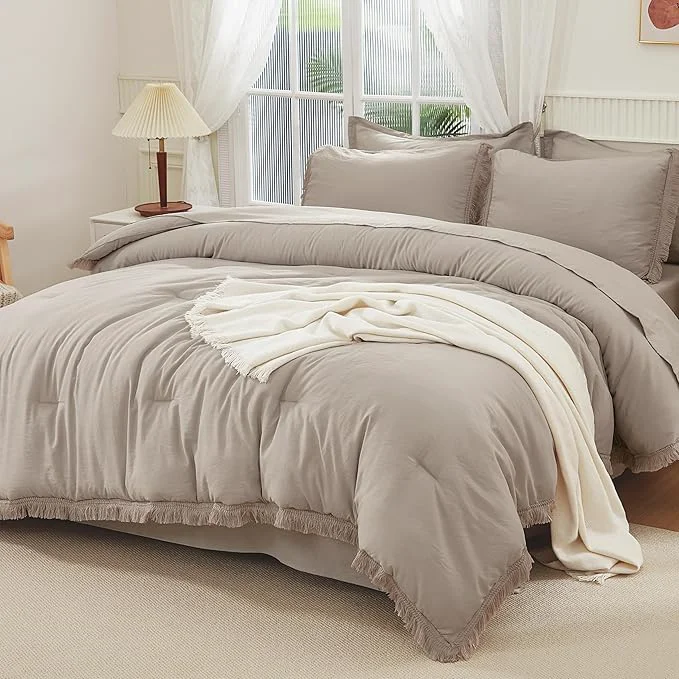 Genuine Andency Wheat California King Size Comforter Set with Sheets – 7 Pieces Boho Tassel Bed in a Bag Soft Lightweight Bedding Sets Wheat Fringe Bed Set with Comforter Sheets Pillowcases amp Shams Prestigious