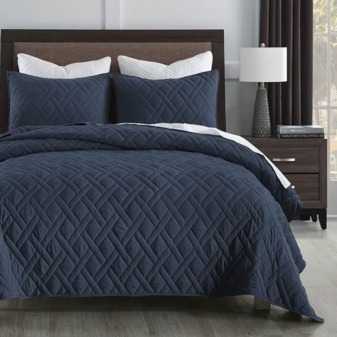 Organic HORIMOTE HOME Quilt Set Twin Size Navy Blue Classic Geometric Diamond Stitched Pattern Ultra Soft Microfiber Lightweight Bedding Set Bedspread Coverlet for All Season with 1 Quilt 1 Pillow Sham User-Friendly