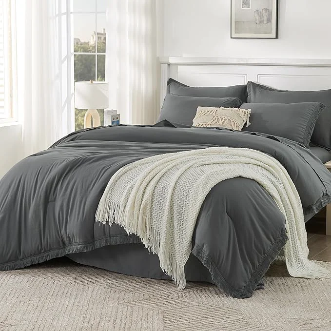 Flexible Andency Dark Grey King Size Comforter Set with Sheets – 7 Pieces Boho Tassel Bed in a Bag Soft Lightweight Bedding Sets Dark Grey Fringe Bed Set with Comforter Sheets Pillowcases amp Shams Dependable