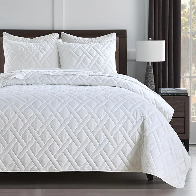 Organic HORIMOTE HOME Quilt Set King Size White Classic Geometric Diamond Stitched Pattern Ultra Soft Microfiber Lightweight Bedding Set Bedspread Coverlet for All Season 1 Quilt and 2 Pillow Shams Smooth