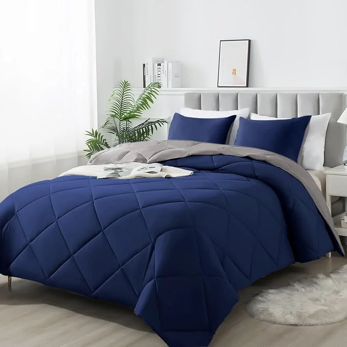 Consistent 3-Piece Full Comforter Set All-Season Soft amp Hypoallergenic amp Breathable Bedding Polyester Quilted Down Comforter 1 amp Pillowcases 2 Dark Gray Dark Blue Elegant