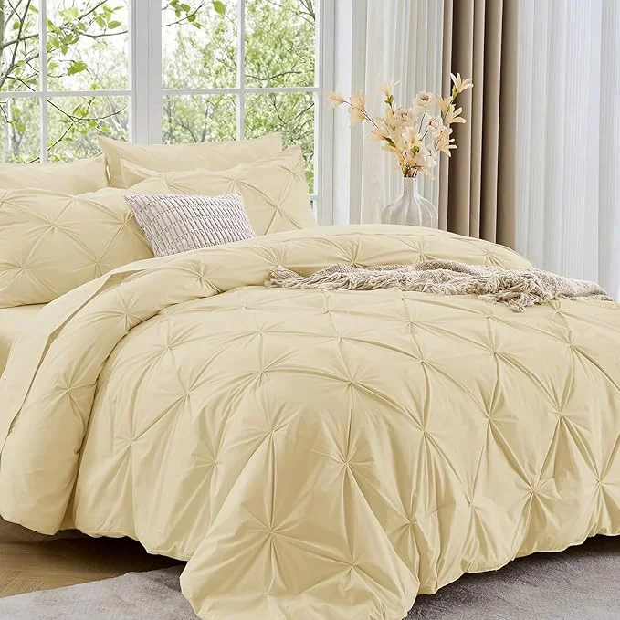 Lightweight Sasttie Queen Comforter Set 7-Piece Bed in a Bag Pintuck Bedding Sets for All Season Includes Comforter Flat Sheet Fitted Sheet Pillowcases and Pillowshams Pale Yellow Relaxed