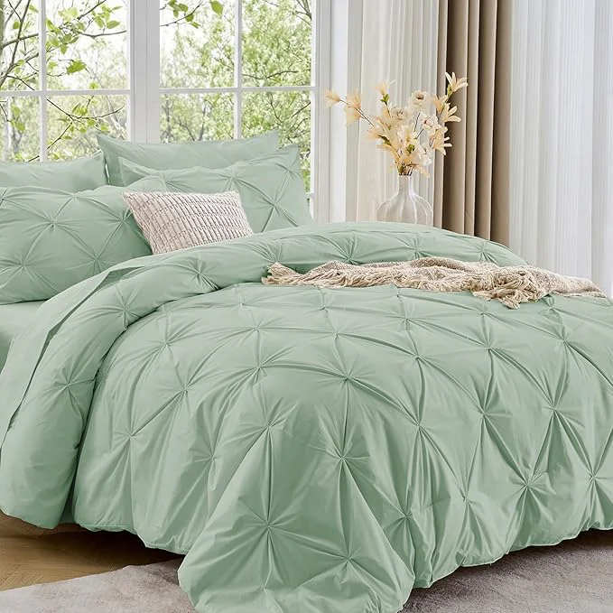 Elegant Sasttie California King Comforter Set 7-Piece Bed in a Bag Pintuck Bedding Sets for All Season Includes Comforter Flat Sheet Fitted Sheet Pillowcases and Pillowshams Light Sage Green Enhanced