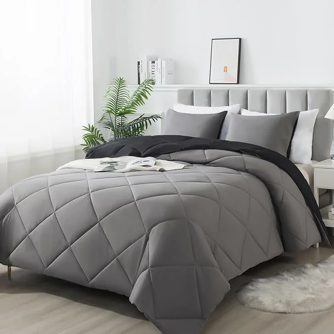 Elite 3-Piece Twin Comforter Set All-Season Soft amp Hypoallergenic amp Breathable Bedding Polyester Quilted Down Comforter 1 amp Pillowcases 1 Black Dark Gray Innovative