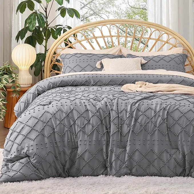 Superior Bedsure Full Comforter Set – Grey Comforter Boho Tufted Shabby Chic Bedding for Kids 3 Pieces Vintage Farmhouse Bed Set for All Seasons Fluffy Soft Bedding with 2 Pillow Shams Original Design